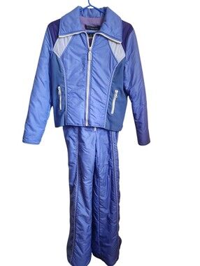 Vintage HCC Swiss 2pc Ski Suit Blue Purple Jacket Bib Pants Womens Size 2 4